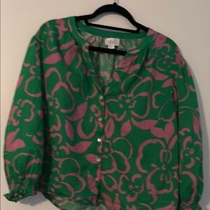 Velvet by Graham & Spencer Green Blouse with Mandarin Collar and 3/4 Sleeves